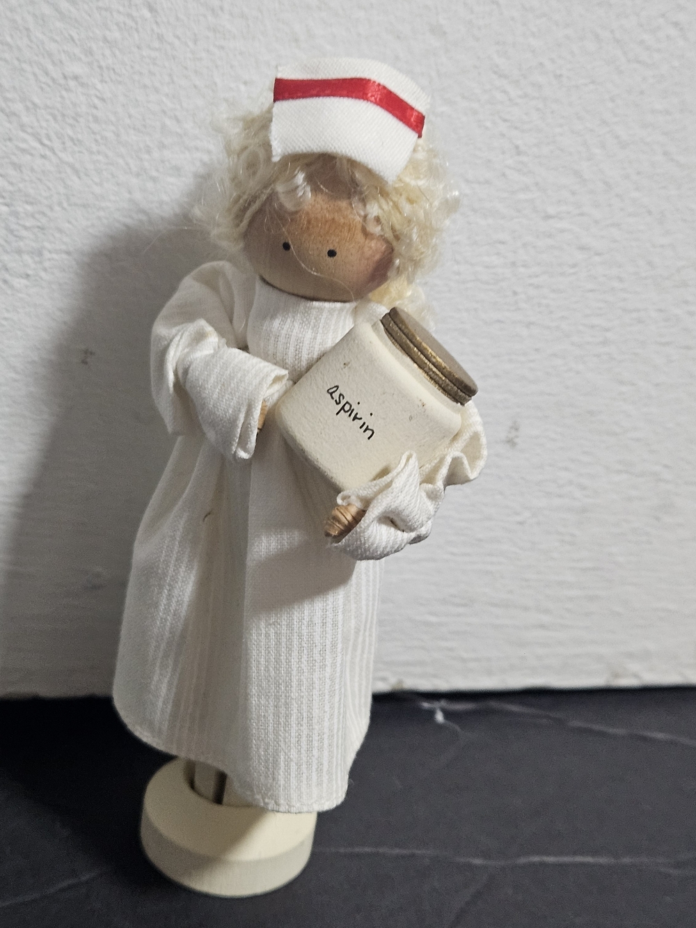 Vintage Handmade Nurse Figurine Holding 'Aspirin' Jar - White and Red